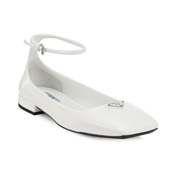 PRADA Logo Patent Leather Square Toe Ankle Strap Flat Ballerina Flat Shoes - Picture 1 of 16